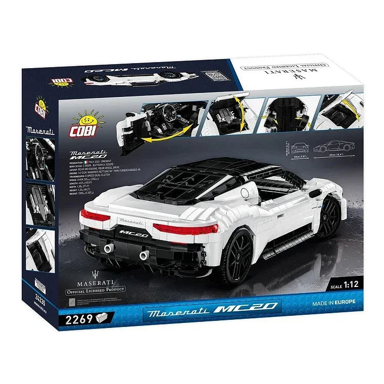 Cobi Maserati MC20 Bausatz in weiß mit schwarzem Dach, auf der Verpackung