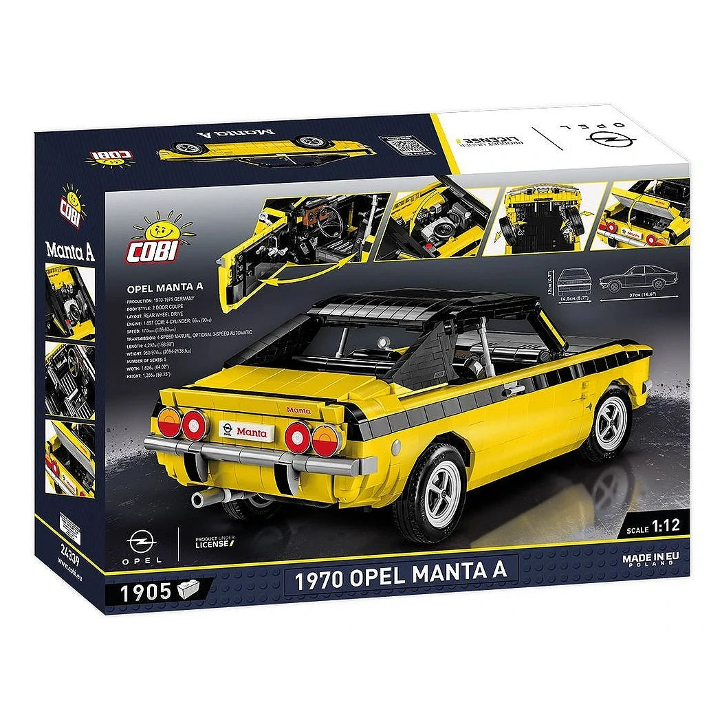 Gelbes COBI 1970 Opel Manta A Modellauto auf Verpackung