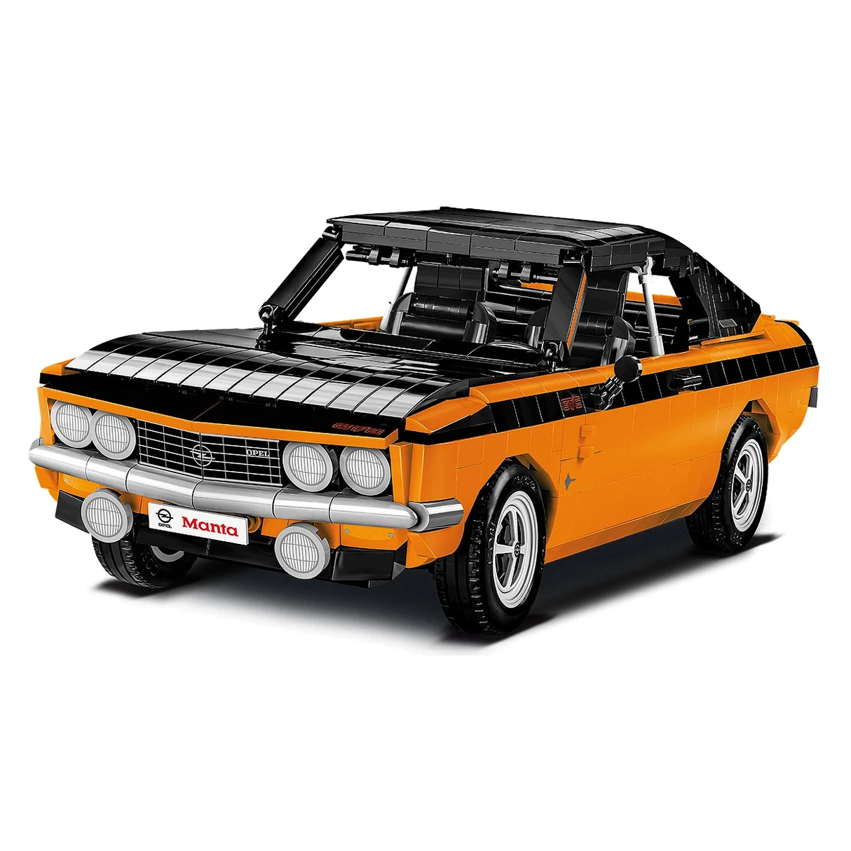 Orange-schwarzes Opel Manta GTE Modellauto aus Klemmbausteinen
