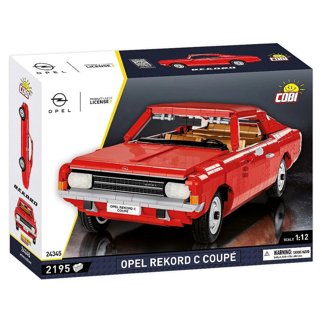 Rotes Opel Rekord C Coupé Modellauto aus Bausteinen in der Verpackung