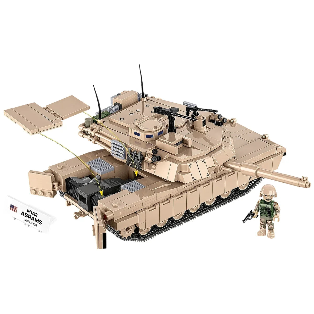 M1A2 Abrams Panzer Modellbausatz mit abnehmbaren Teilen und einer Soldatenfigur