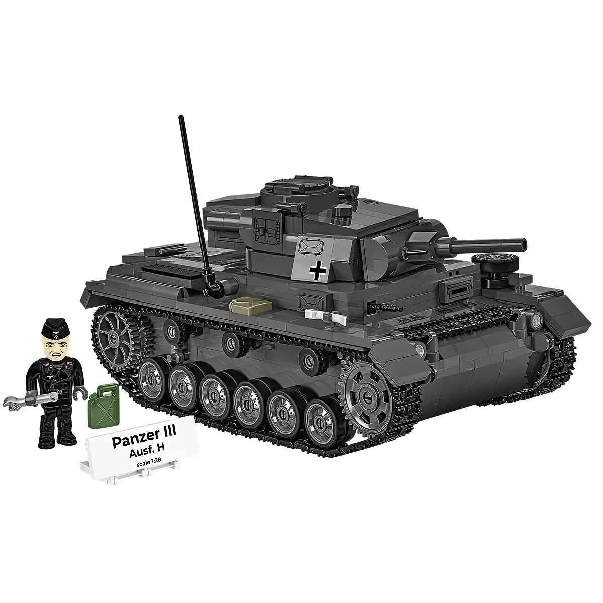 Modell eines grauen Panzer III Ausf H mit einer Figur und einem Schild