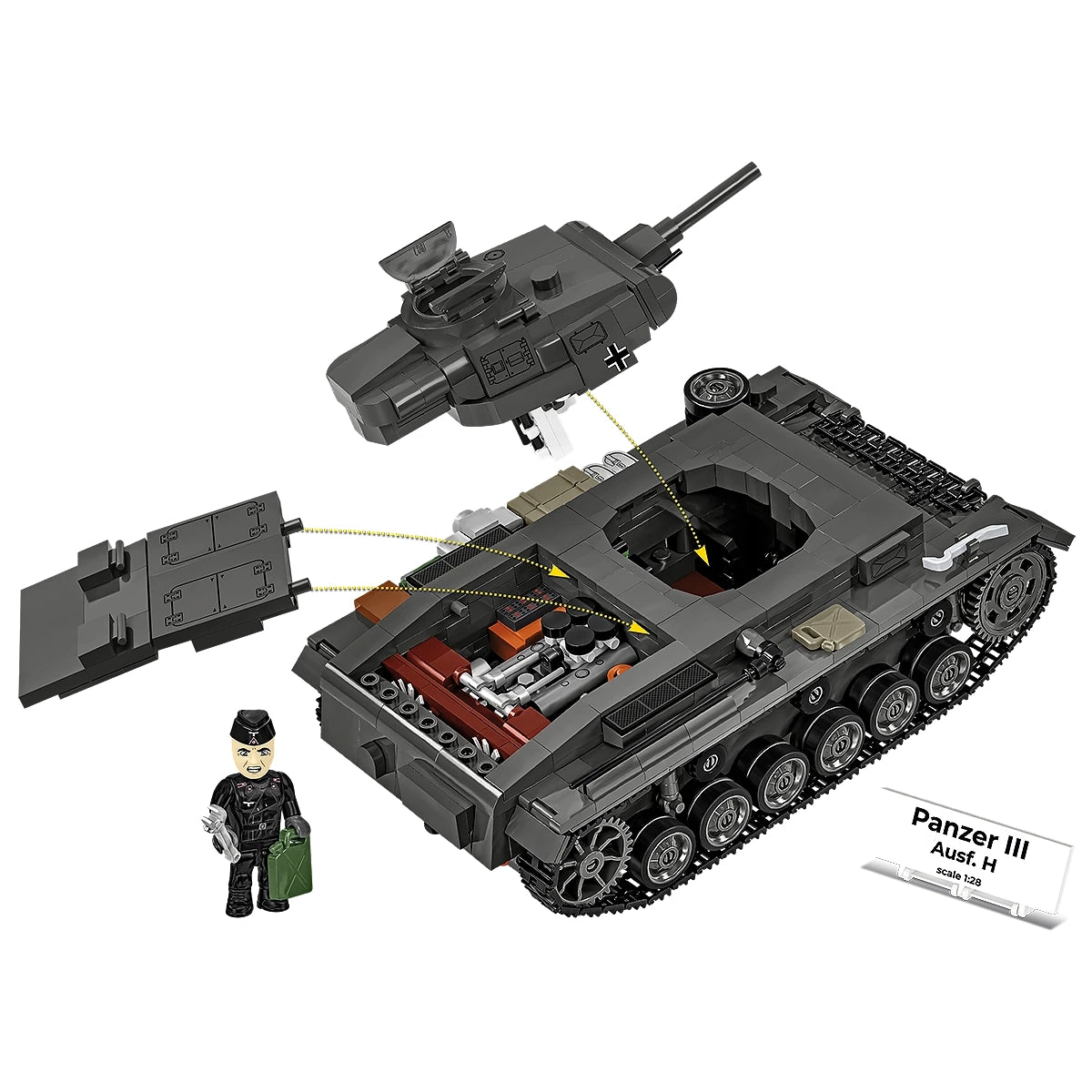 Panzer III Ausf H Modellbausatz mit abnehmbarem Turm und Motor, daneben eine Figur und eine Beschriftung
