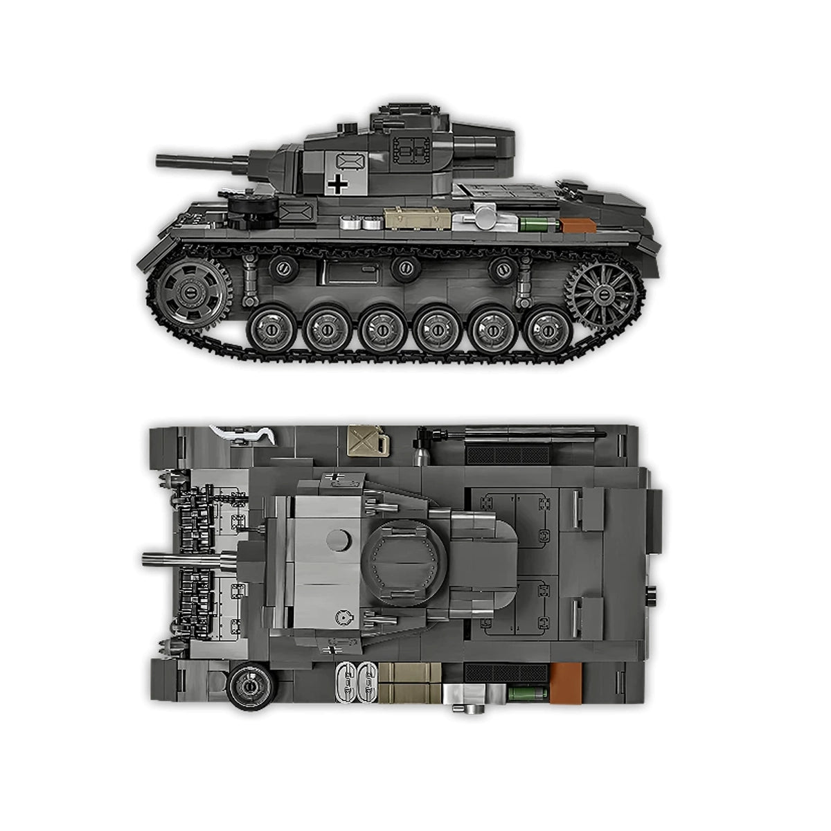 Zwei Ansichten eines grauen Panzermodells mit Ketten und Kanone