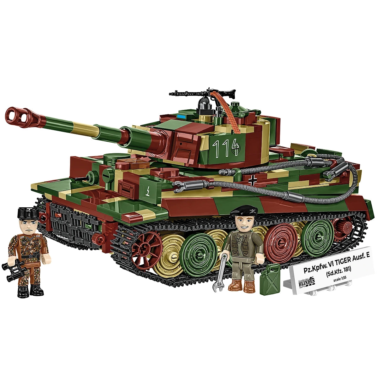 Modell eines PzKpfw VI Tiger Ausf E Panzers mit zwei Figuren