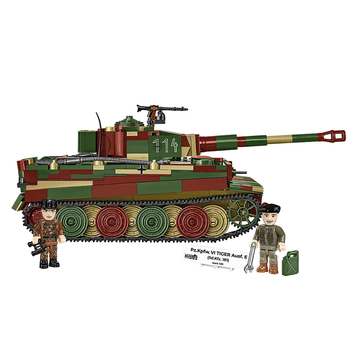 Modell eines PzKpfw VI Tiger Ausf E Panzers mit zwei Figuren