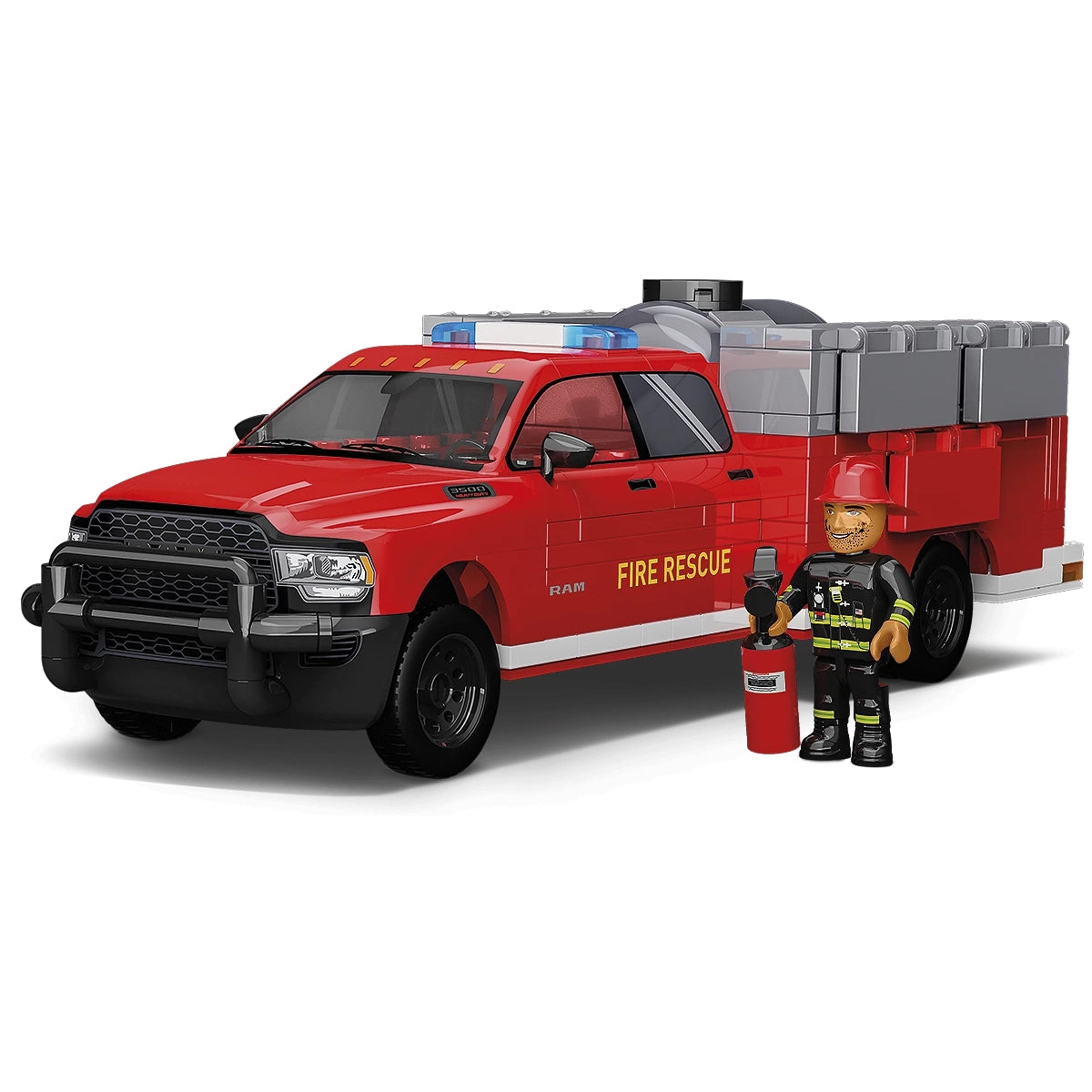 Roter Mega Construx Ram Fire Rescue Truck mit Feuerwehrmann und Feuerlöscher