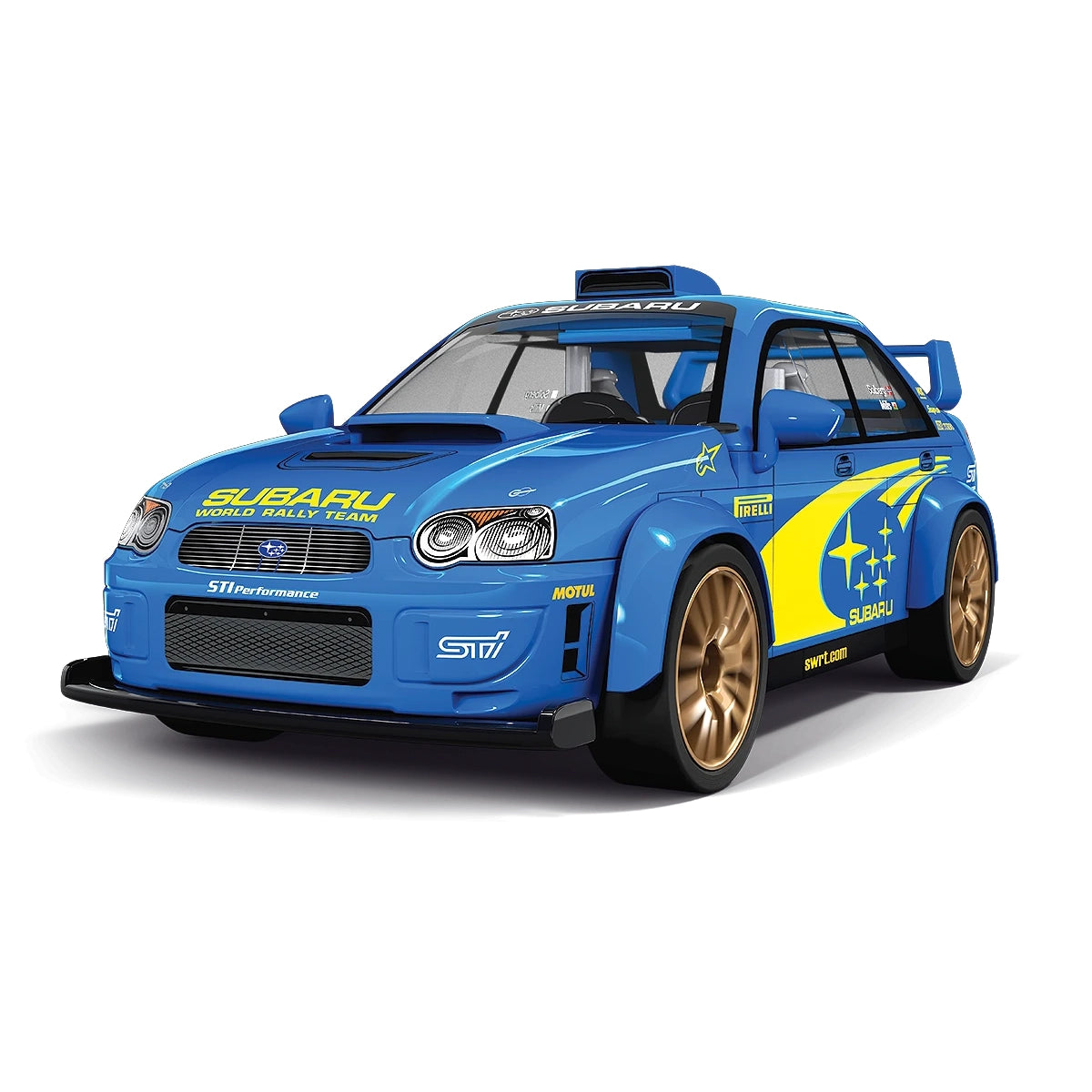 Blaues Subaru World Rally Team Auto mit gelben und weißen Aufklebern