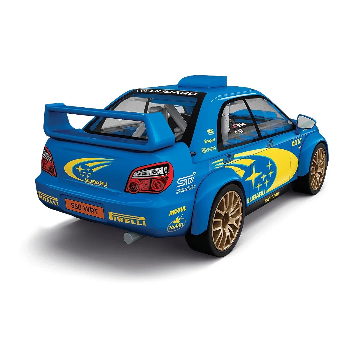 Blaues Subaru Rallyeauto Modell mit gelben Sternen und Sponsorenlogos