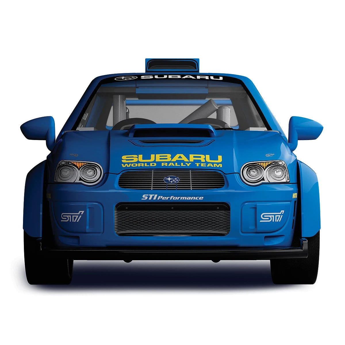 Blauer Subaru World Rally Team Rennwagen mit gelber Schrift und STI Performance Logo