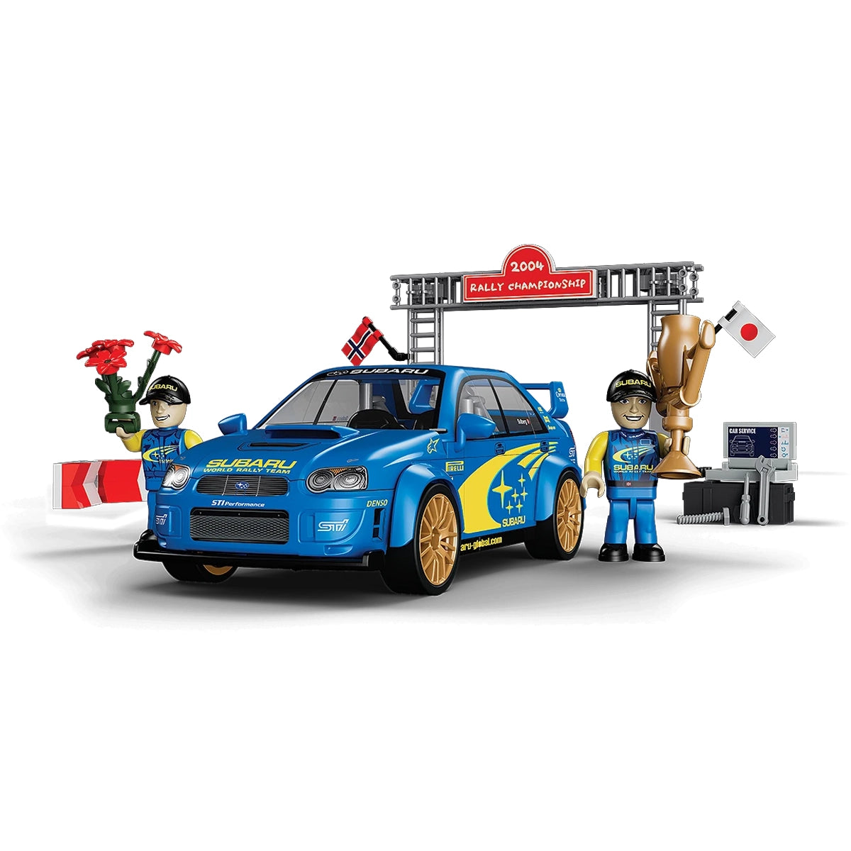 Subaru Rallye-Meisterschaft 2004 Spielset mit blauem Auto, zwei Figuren, Pokal und Blumen
