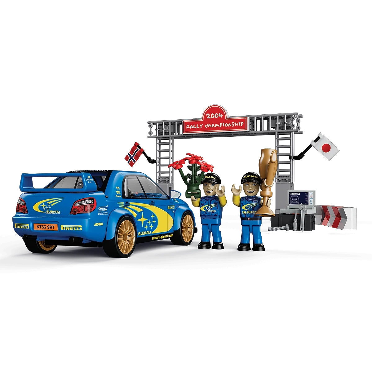 Subaru Rallye-Meisterschaft 2004 Spielset mit blauem Auto, zwei Figuren, Trophäe und Blumen