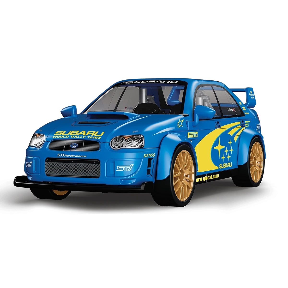 Blaues Subaru World Rally Team Modellauto mit gelben und weißen Aufklebern