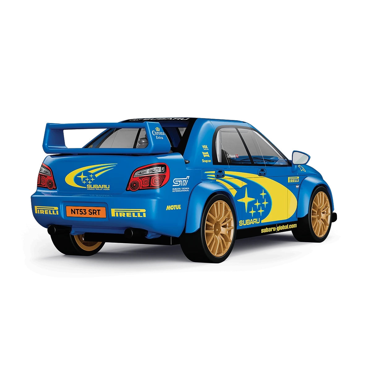 Blaues Subaru Rallyeauto mit gelben Sternen und Logos