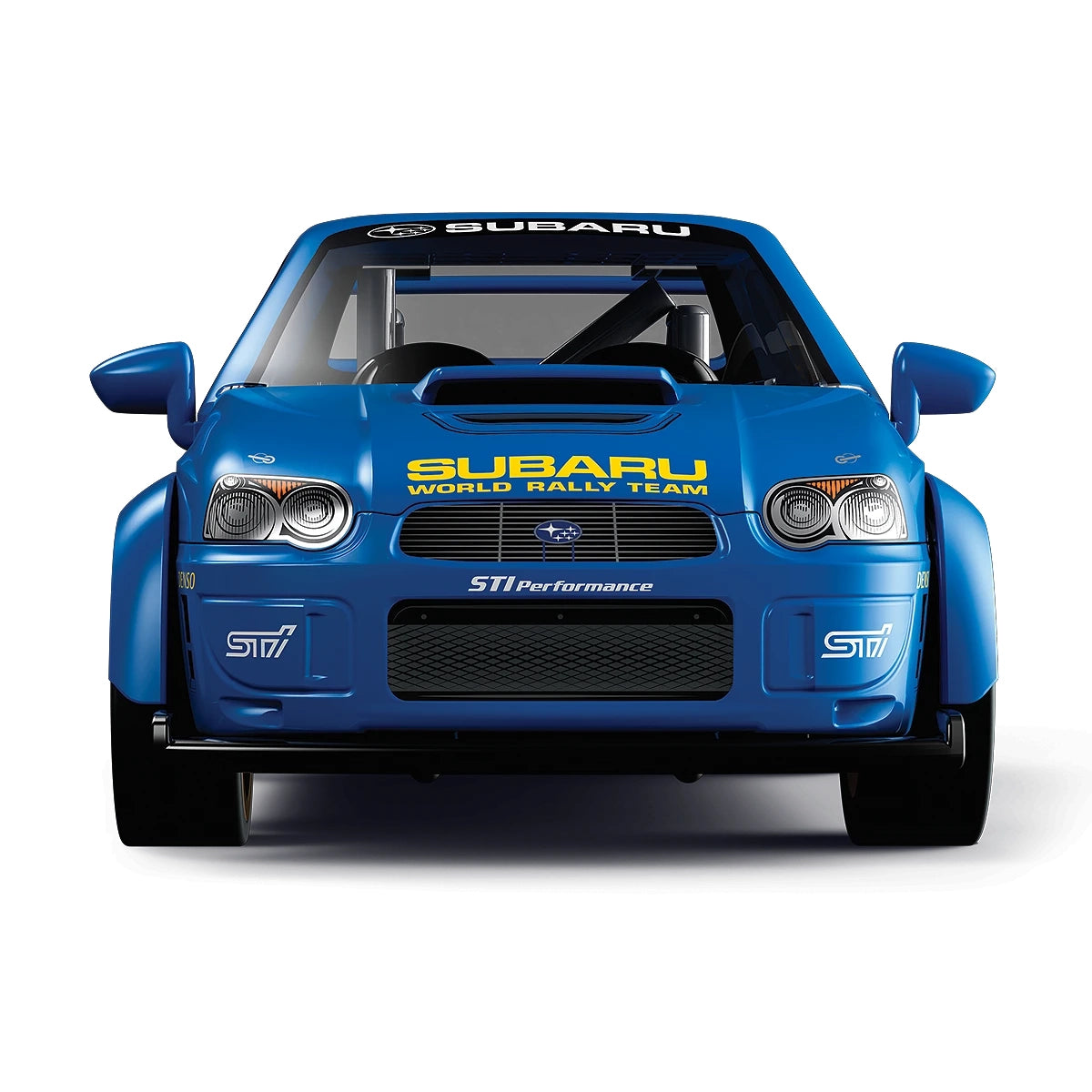 Blauer Subaru World Rally Team Rennwagen von vorne