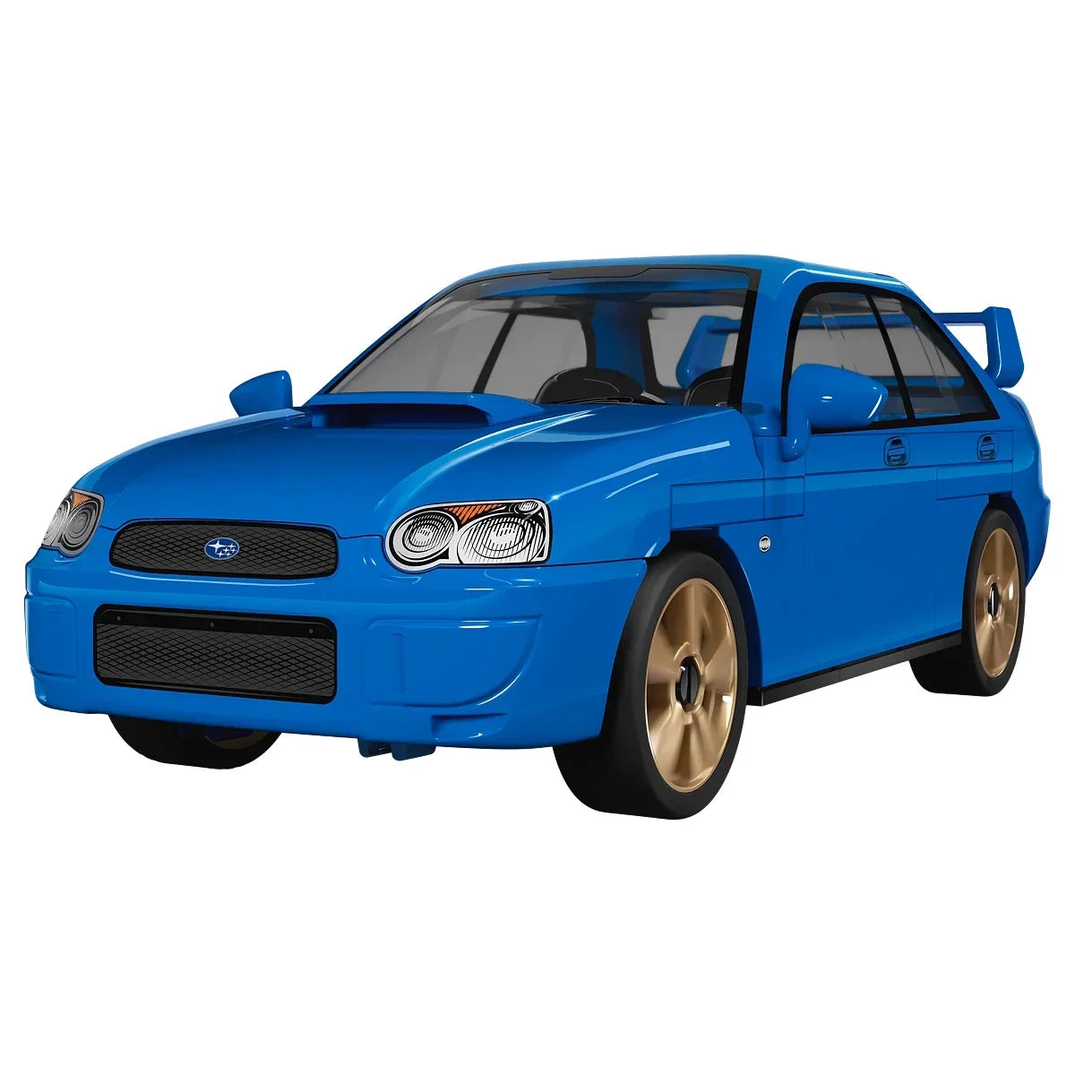 Blaues Subaru Impreza WRX STI Spielzeugauto mit goldenen Felgen