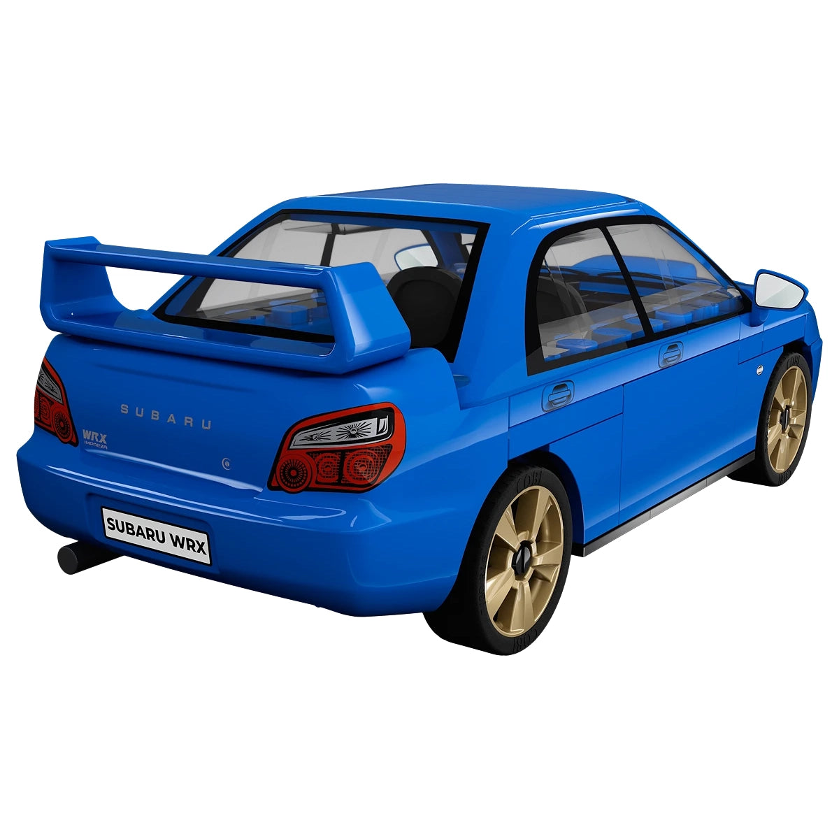 Blauer Subaru WRX mit goldenen Felgen und Heckspoiler