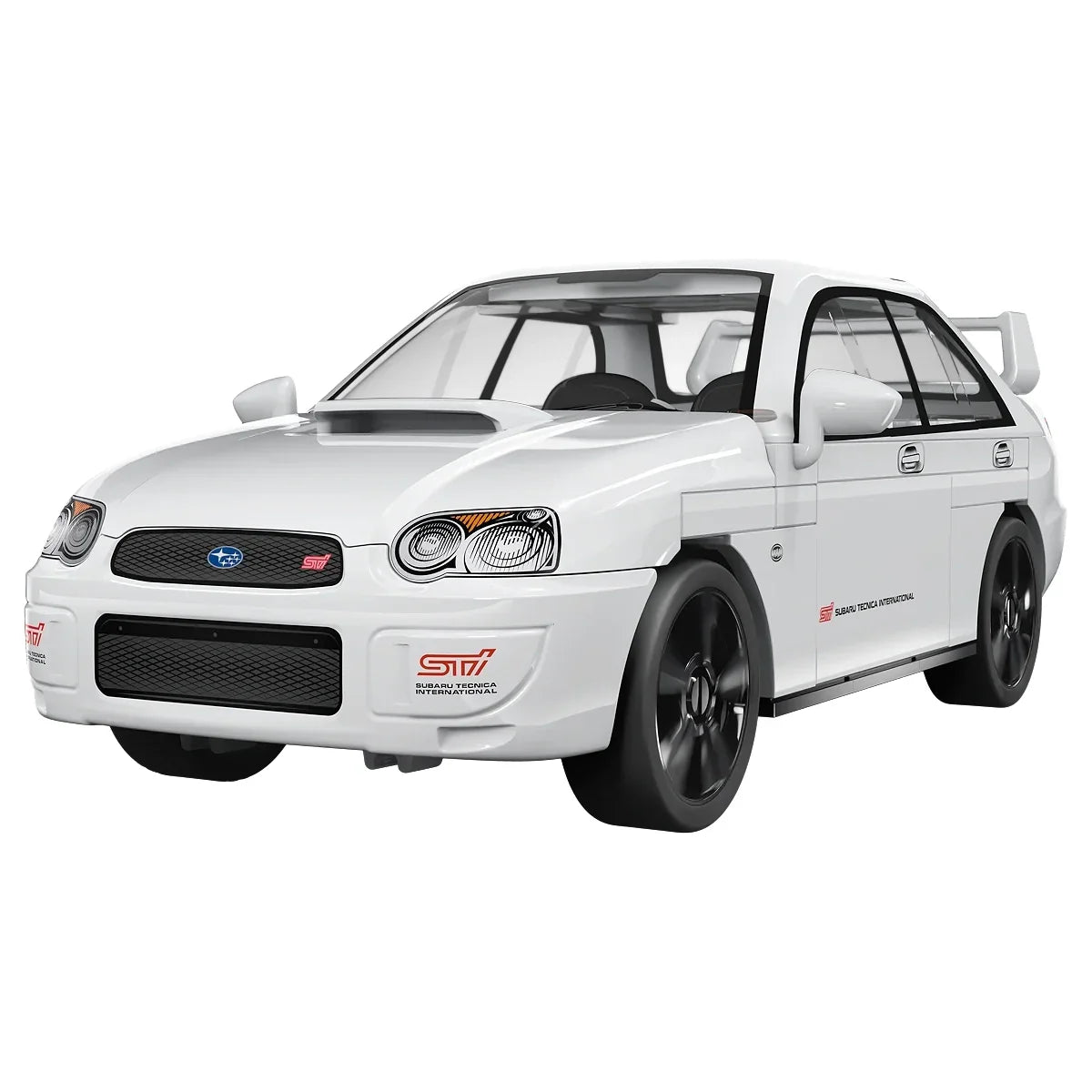 Weißes Subaru Impreza WRX STI Spielzeugauto mit schwarzen Felgen und Heckspoiler