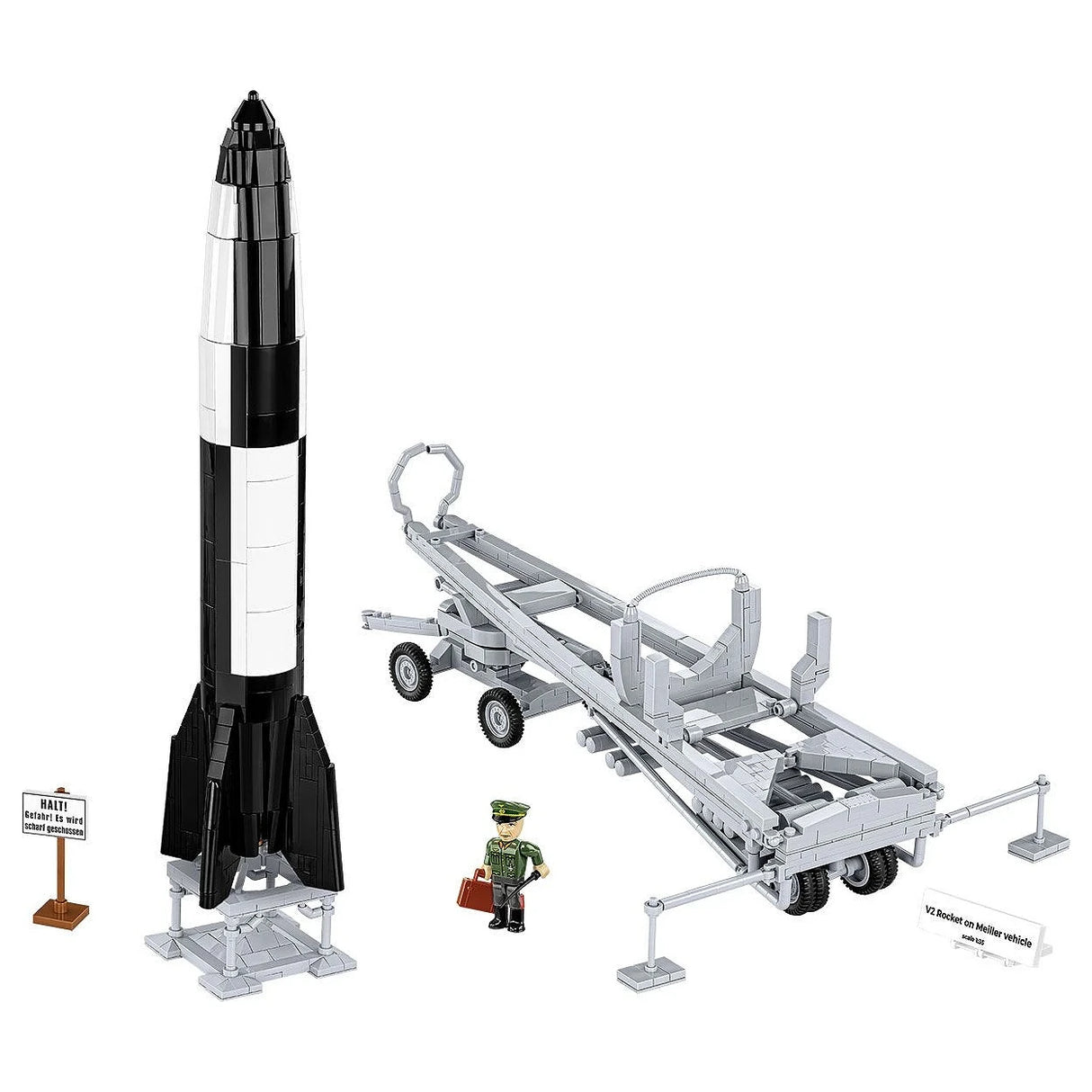 V2 Raketenmodell mit Meillerwagen und Soldat