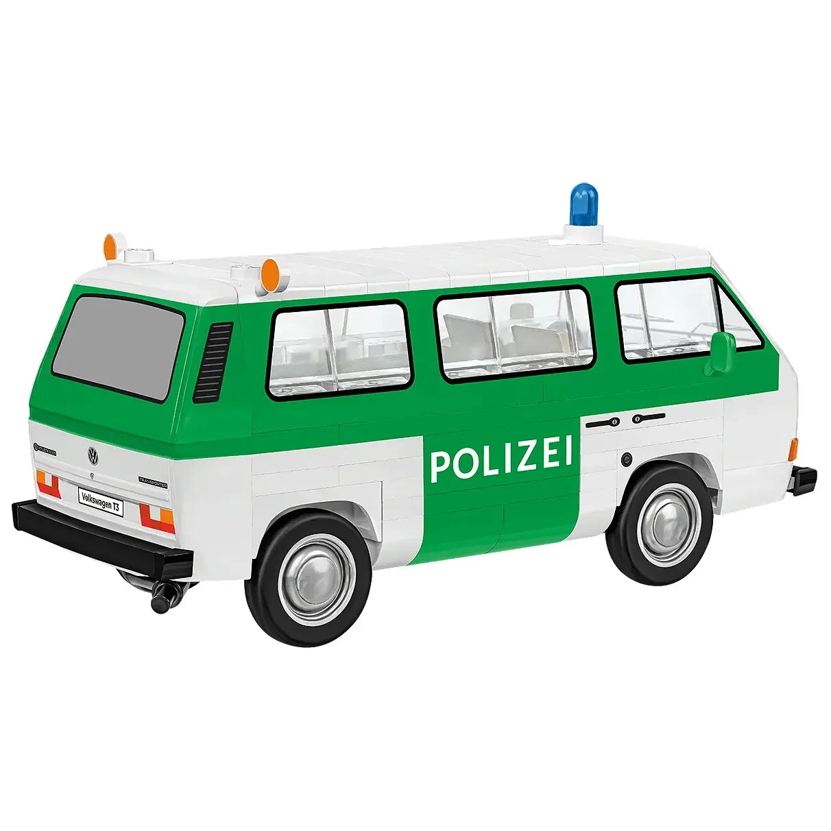 Spielzeug-Polizeibus, weiß und grün, mit blauen und orangefarbenen Lichtern auf dem Dach