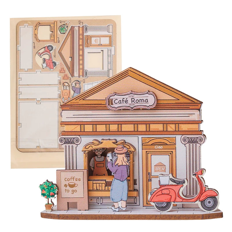 3D-Puzzle eines Cafés mit einer Person, die Kaffee bestellt, und einem Roller davor