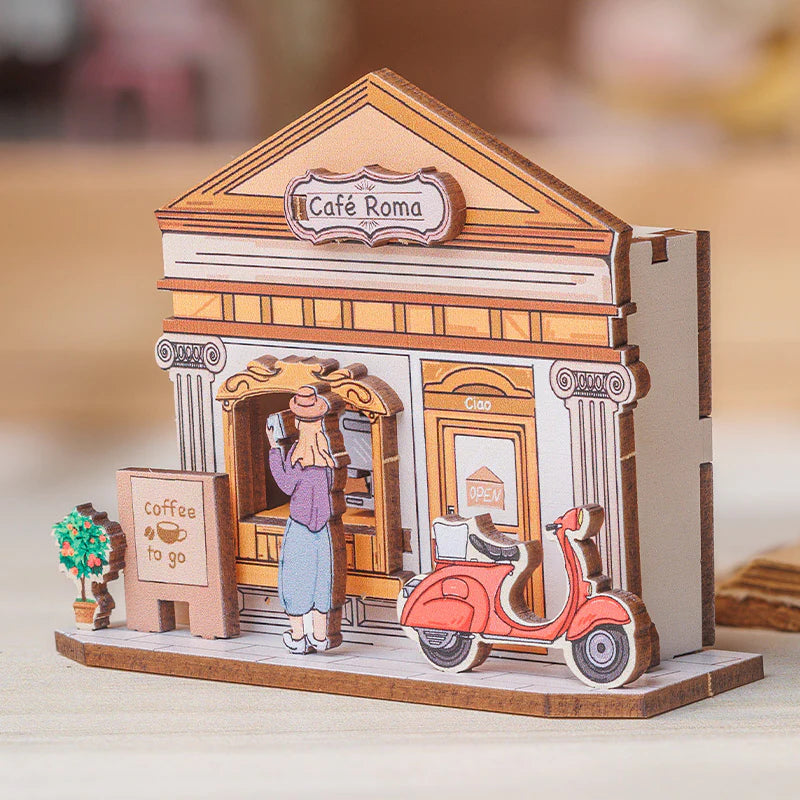 Holzpuzzle eines Cafés mit einer Frau, die Kaffee bestellt, und einem roten Roller davor