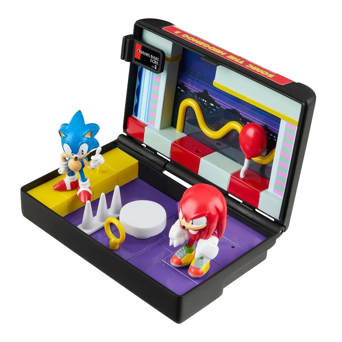 Sonic und Knuckles Spielfiguren in einem aufklappbaren Spielset im Design einer Videospielkassette