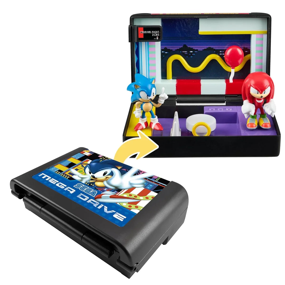 Sonic und Knuckles Spielfiguren in einem aufklappbaren Sega Mega Drive Modul Gehäuse