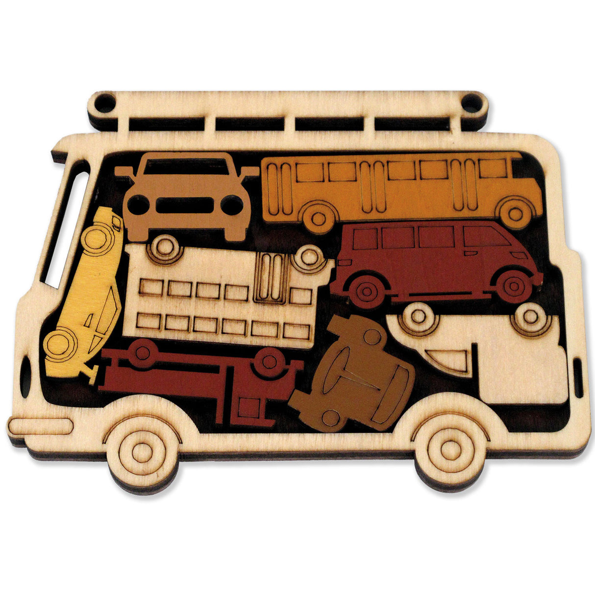 Holzpuzzle in Busform mit verschiedenen Fahrzeugmotiven als Puzzleteile