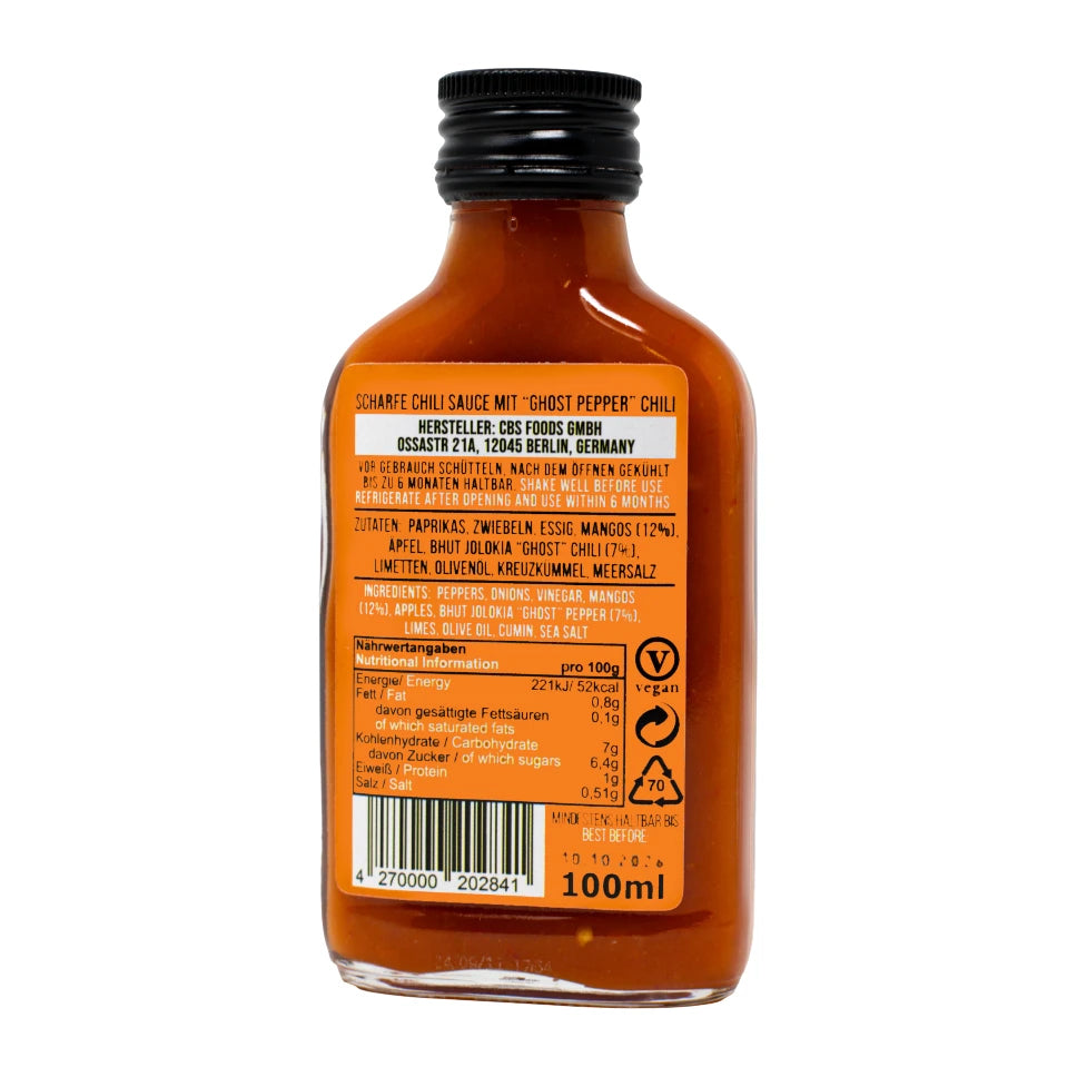 Scharfe Chilisauce mit Ghost Pepper Chili, 100ml Flasche mit Nährwertangaben und Zutatenliste