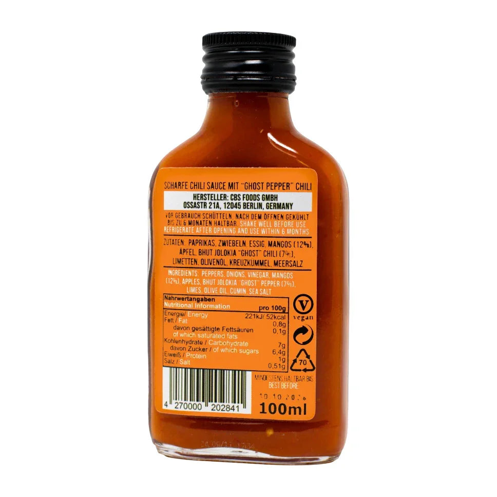 Rückseite einer Flasche scharfer Chilisauce mit Ghost Pepper Chili, Zutaten und Nährwertangaben