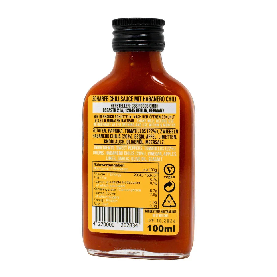 Rückseite einer Flasche scharfer Chilisauce mit Habanero Chili, mit Nährwertangaben und Zutaten