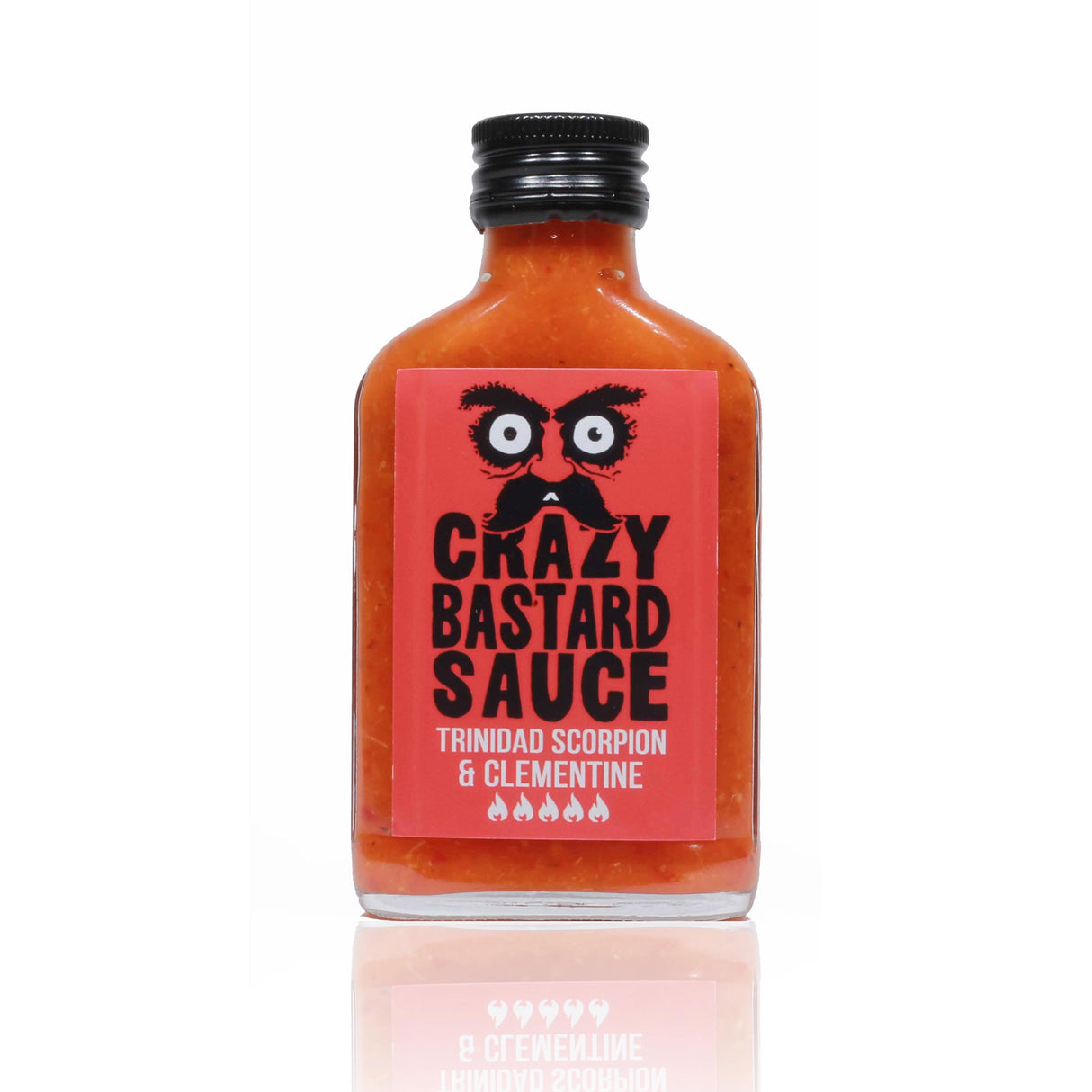 Glasflasche mit scharfer Soße Trinidad Scorpion und Clementine von Crazy Bastard Sauce