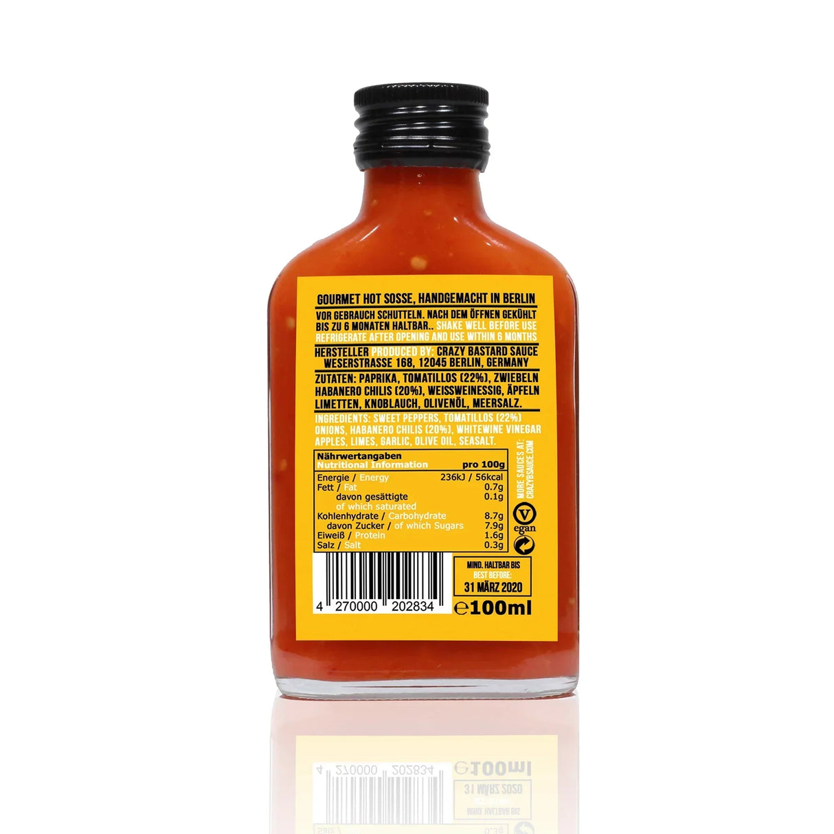 Ruecketikett einer Crazy Bastard Sauce Flasche mit Zutatenliste und Naehrwertangaben