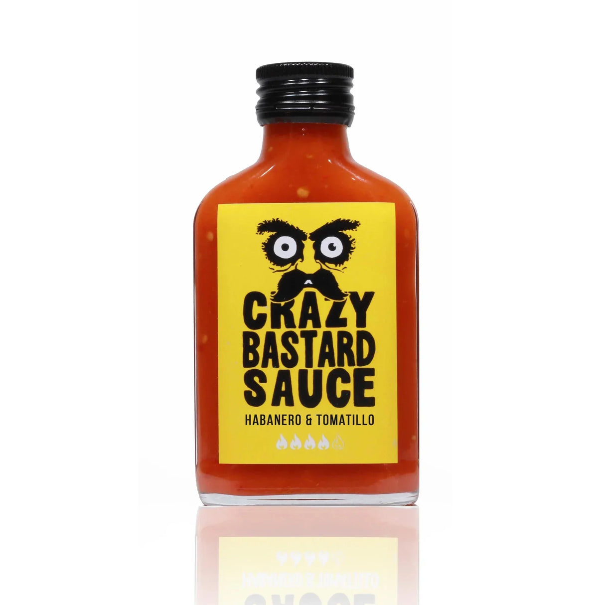 Glasflasche mit roter Habanero und Tomatillo Sauce und gelbem Etikett