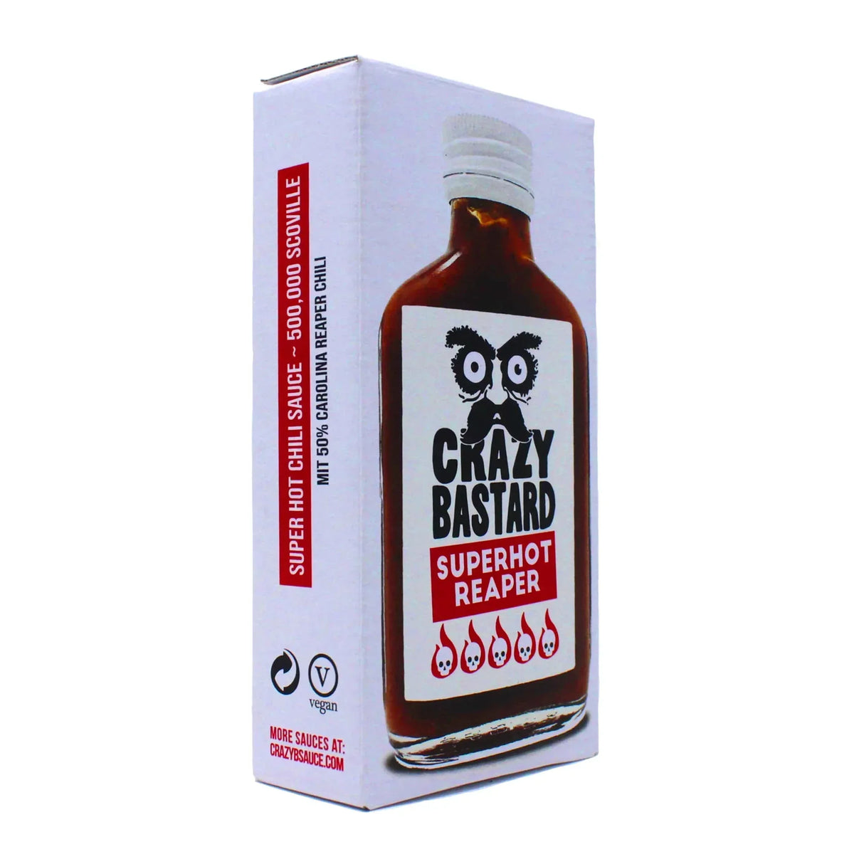 Verpackung der Crazy Bastard Superhot Reaper Chilisauce mit 500.000 Scoville