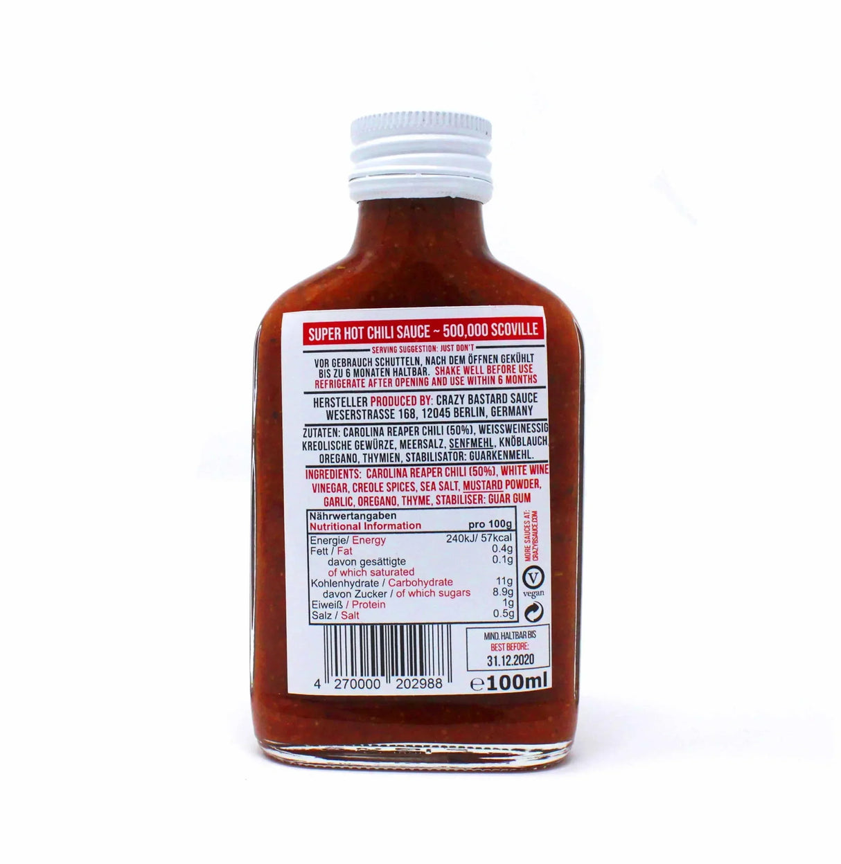 Rueckseite einer Flasche Crazy Bastard Sauce mit Zutatenliste und Naehrwerttabelle