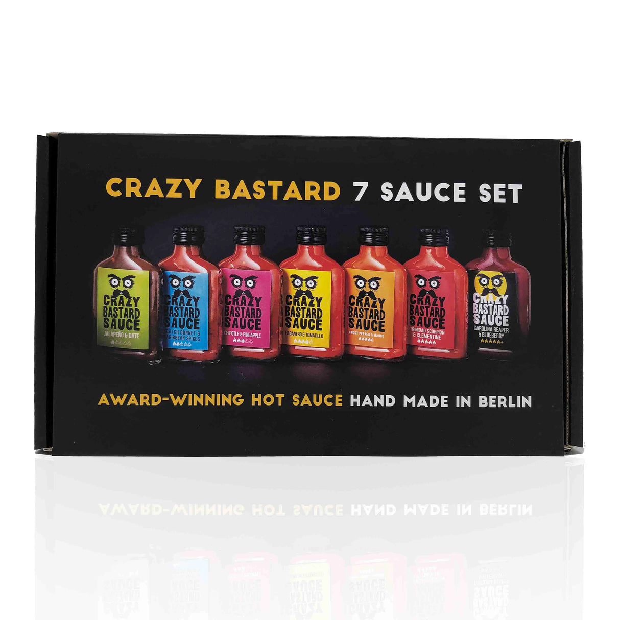 Geschenkbox mit sieben verschiedenen Crazy Bastard Hot Sauce Flaschen