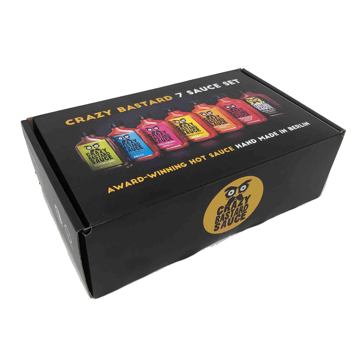 Schwarze Geschenkbox mit sieben verschiedenen Crazy Bastard Hot Sauce Flaschen