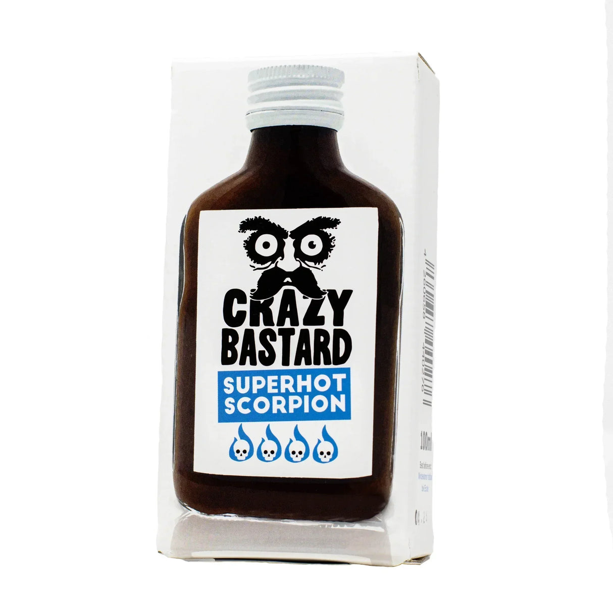 Crazy Bastard Superhot Scorpion Sauce in einer braunen Flasche mit weißem Etikett und Totenkopf-Logo
