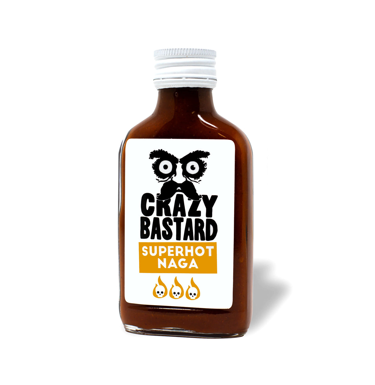 Kleine Glasflasche mit brauner scharfer Soße und Crazy Bastard Superhot Naga Etikett