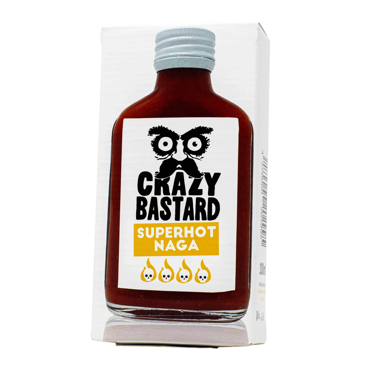Flasche Crazy Bastard Superhot Naga Chilisauce in weißer Verpackung
