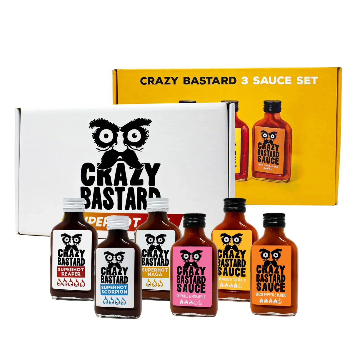 Crazy Bastard 3er Saucen Set mit 6 Flaschen und einer Geschenkbox