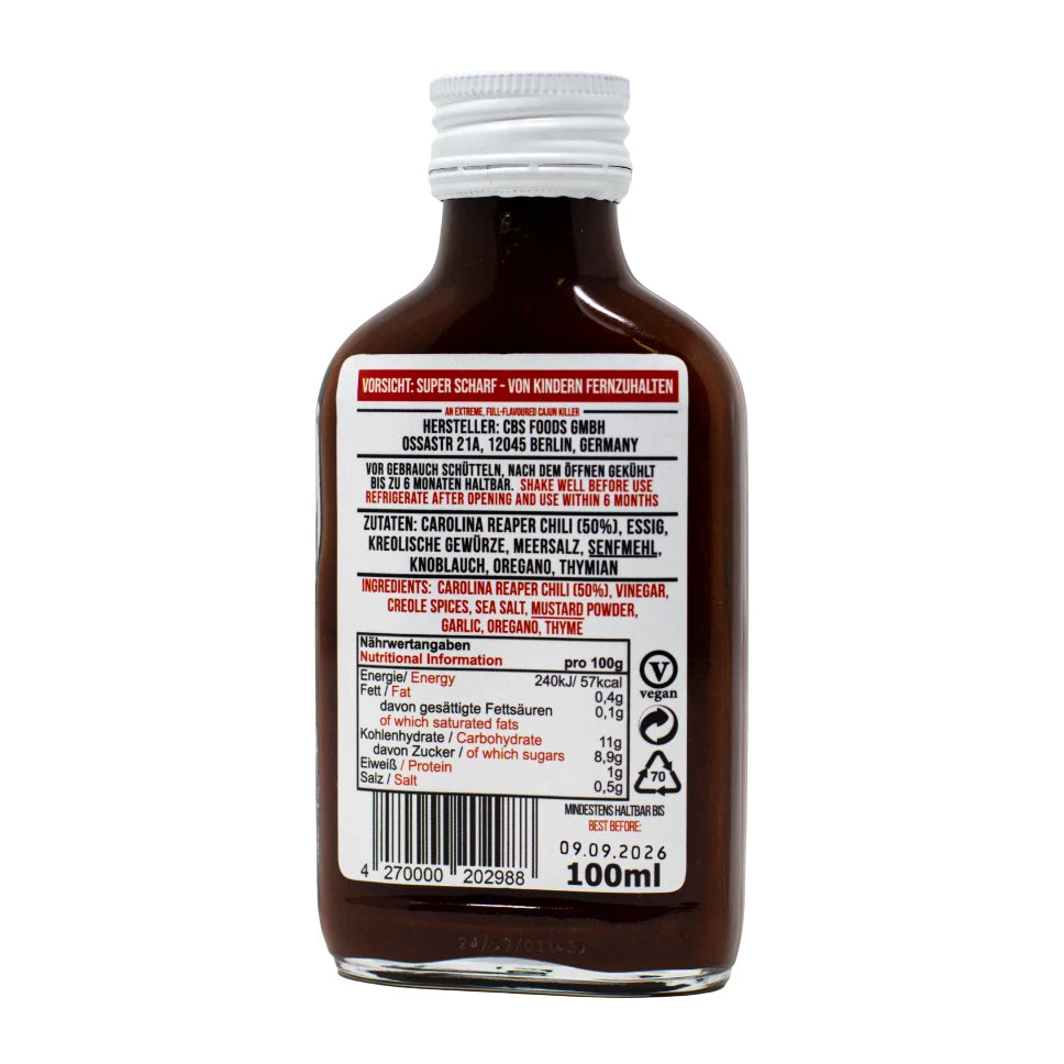 Rückseite einer Flasche Carolina Reaper Chili Sauce mit Nährwertangaben und Zutatenliste