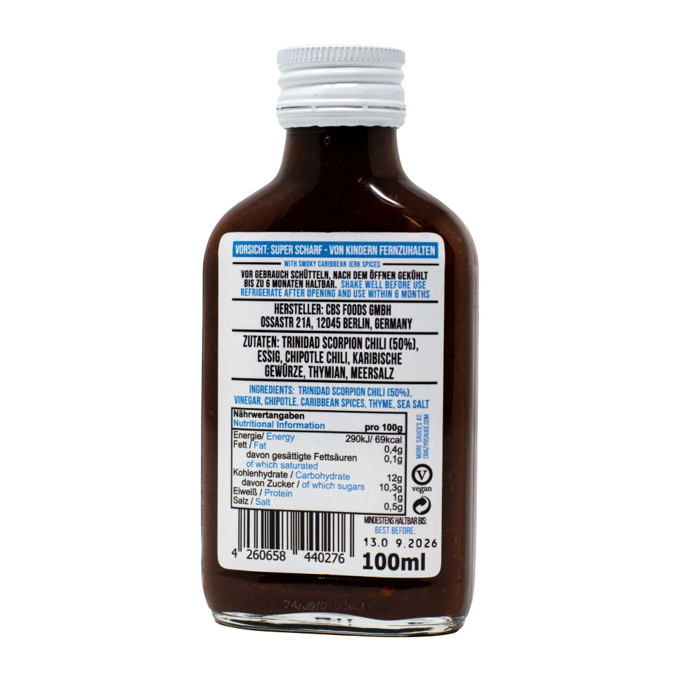 Rückseite einer Flasche Crazy Bastard Sauce mit Nährwertangaben und Zutaten