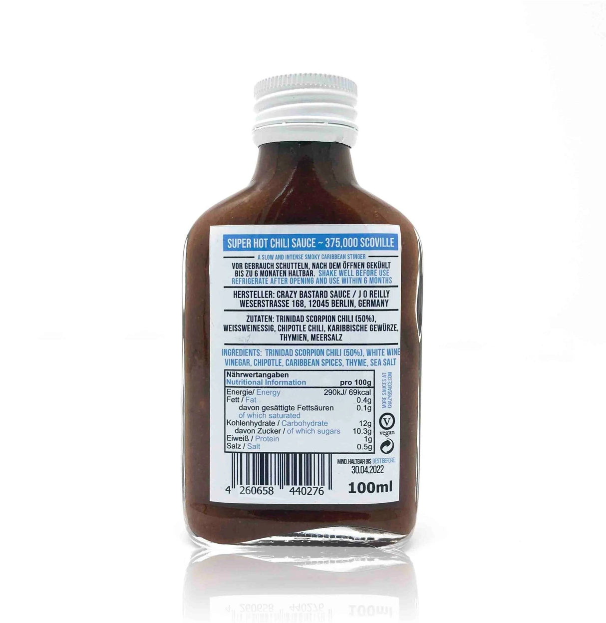 Ruecketikett einer Crazy Bastard Sauce Flasche mit Zutatenliste und Naehrwertangaben