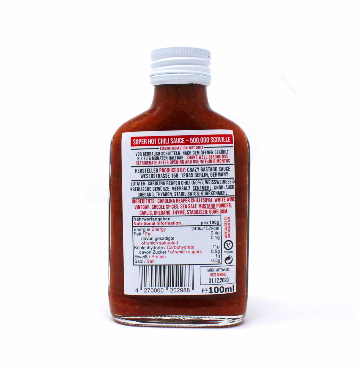 Rückseite einer Crazy Bastard Sauce Flasche mit Zutatenliste und Nährwerttabelle