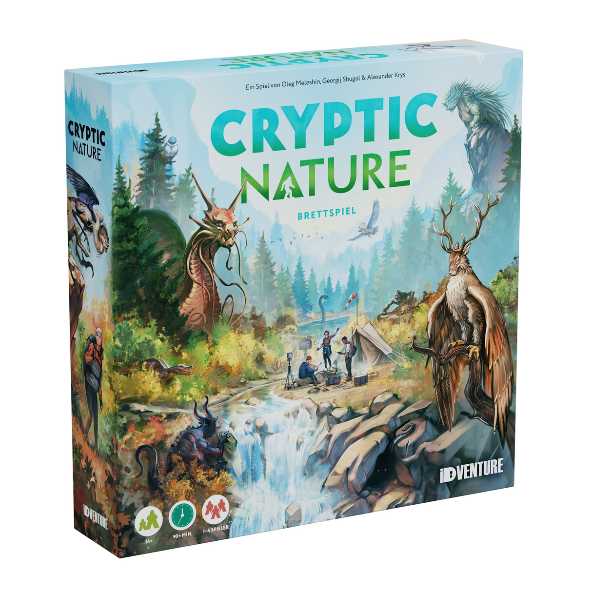 Spieleschachtel Cryptic Nature mit Fabelwesen und Forschern in einer Waldlandschaft