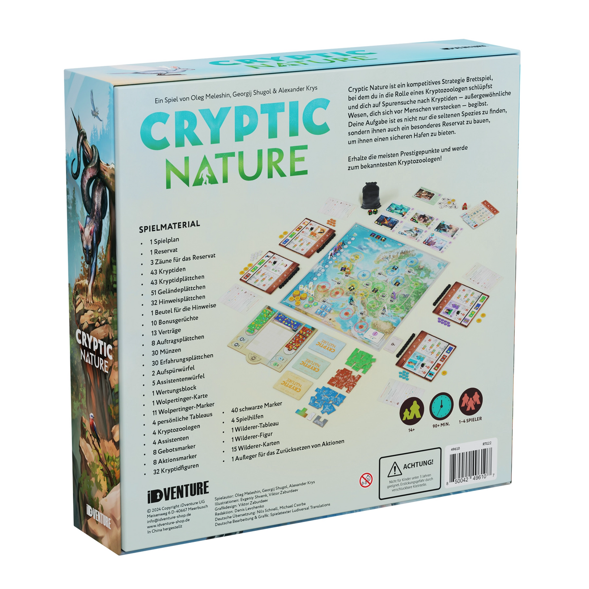 Rückseite der Spieleschachtel Cryptic Nature mit Auflistung des Spielmaterials und Abbildung des Spielaufbaus