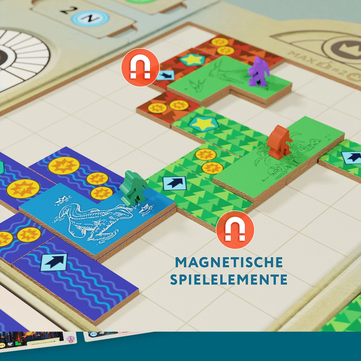 Brettspiel mit bunten Kachelteilen und Spielfiguren sowie Magnet-Symbolen